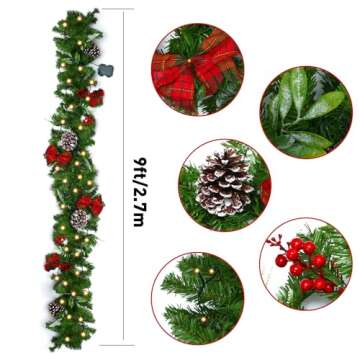 9ft Christmas Garland with 50 LED Lights and Bows