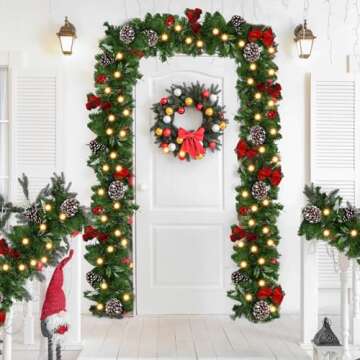 9ft Christmas Garland with 50 LED Lights and Bows