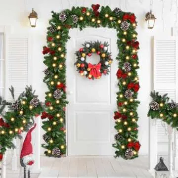 9ft Christmas Garland with 50 LED Lights and Bows