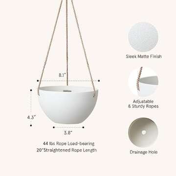 La Jolie Muse White Hanging Planter Basket - 8 Inch Indoor Outdoor Flower Pots, Plant Containers W/ Drainage Hole, Plant Pot for Hanging Plants, Pack 2