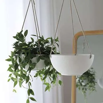 La Jolie Muse White Hanging Planter Basket - 8 Inch Indoor Outdoor Flower Pots, Plant Containers W/ Drainage Hole, Plant Pot for Hanging Plants, Pack 2