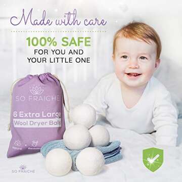 SO FRAICHE - 6 Extra Large Wool Dryer Balls - 100% Organic Premium New Zealand Wool - Natural and Reusable Laundry Softener - Anti-Static and Wrinkle Reducer