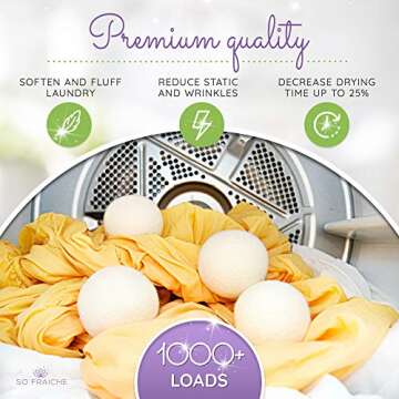 SO FRAICHE - 6 Extra Large Wool Dryer Balls - 100% Organic Premium New Zealand Wool - Natural and Reusable Laundry Softener - Anti-Static and Wrinkle Reducer