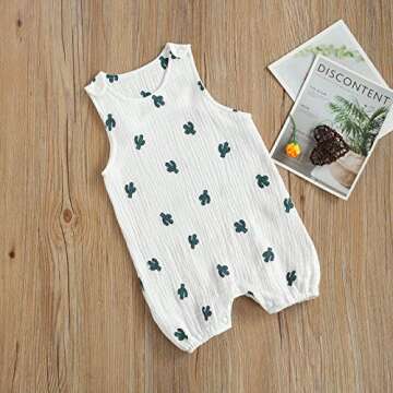 Infant Baby Girl Boy Cotton Linen Romper Sleeveless Cute Print Bodysuit Jumpsuit Playsuit Summer Outfit Clothes (Cactus, 6-12 Months)