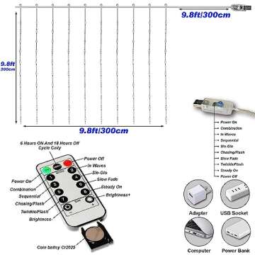 Honche Led Curtain Lights 300 LED 8 Modes USB with Remote for Home Room Bedroom Wedding Party Vacation Window Wall Decorations Room Decor (Warm White)