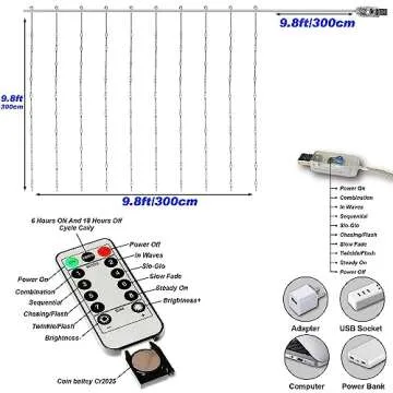 Honche Led Curtain Lights 300 LED 8 Modes USB with Remote for Home Room Bedroom Wedding Party Vacation Window Wall Decorations Room Decor (Warm White)