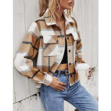 Springrain Womens Short Flannel Plaid Shacket Button Down Long Sleeve Jacket Coat (Khaki, X-Large)