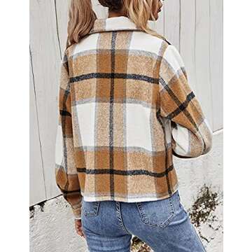 Springrain Womens Short Flannel Plaid Shacket Button Down Long Sleeve Jacket Coat (Khaki, X-Large)