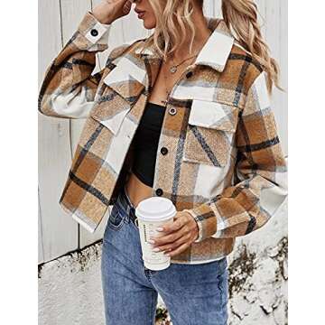 Springrain Womens Short Flannel Plaid Shacket Button Down Long Sleeve Jacket Coat (Khaki, X-Large)