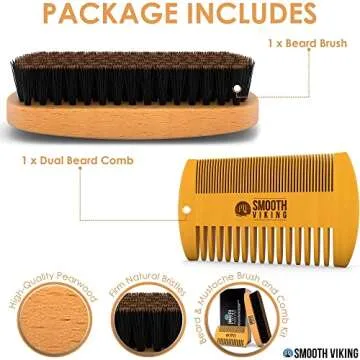 Smooth Viking Beard Brush Gift Set for Men - Natural Boar Bristle Hair Brush, Mustache Brush For Men...