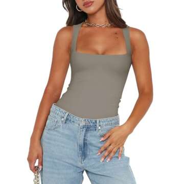 REORIA Womens Summer Sexy Sleeveless Square Neck Double Lined Going Out Cute Thong Bodysuit Tank Top...