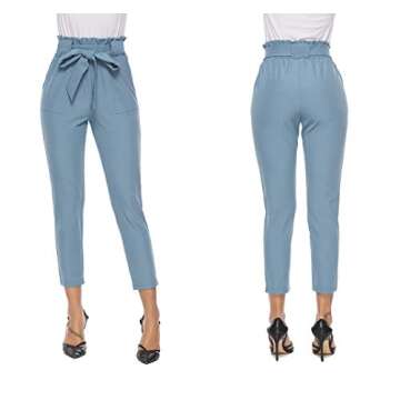 ezShe Women's Casual High Paperbag Waist Pants - Bluegray26