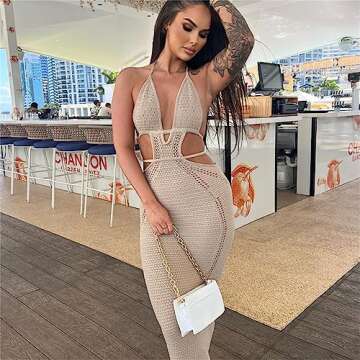 Women Sexy Crochet Maxi Dress Cut Out Halter V Neck Backless Knit Bodycon Long Dress Summer Beach Evening Party Dresses Khaki