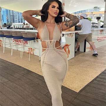Women Sexy Crochet Maxi Dress Cut Out Halter V Neck Backless Knit Bodycon Long Dress Summer Beach Evening Party Dresses Khaki