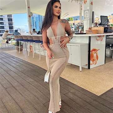 Women Sexy Crochet Maxi Dress Cut Out Halter V Neck Backless Knit Bodycon Long Dress Summer Beach Evening Party Dresses Khaki