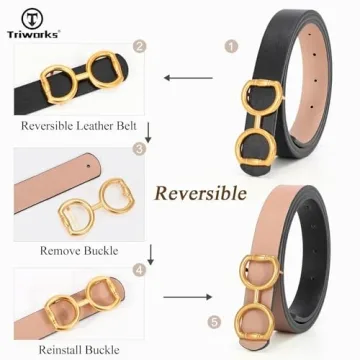 TRIWORKS Reversible Leather Belt Gold Buckle Dual Color