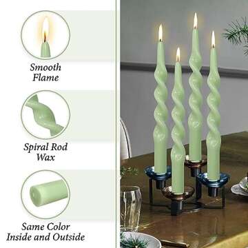 FCMSHAMD Handmade Spiral Taper Candles - Unscented Long Candles Colored Wax Twisted Candle - 10 Inch Candle Sticks for Wedding Dinner Party Decoration - Set of 4(Green)