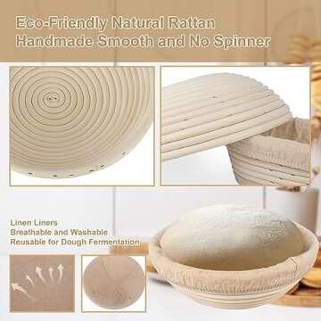 TNELTUEB Bread Proofing Basket Set, Incl 10'' Round & 9.6'' Oval Rattan Banneton, Dough Whisk, Scraper, Lame, Linen - Natural