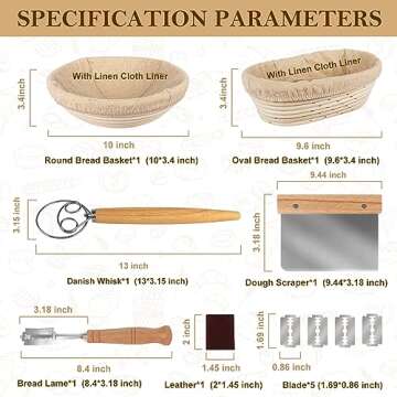 TNELTUEB Bread Proofing Basket Set, Incl 10'' Round & 9.6'' Oval Rattan Banneton, Dough Whisk, Scraper, Lame, Linen - Natural