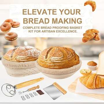 TNELTUEB Bread Proofing Basket Set, Incl 10'' Round & 9.6'' Oval Rattan Banneton, Dough Whisk, Scraper, Lame, Linen - Natural