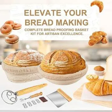 TNELTUEB Bread Proofing Basket Set, Incl 10'' Round & 9.6'' Oval Rattan Banneton, Dough Whisk, Scraper, Lame, Linen - Natural