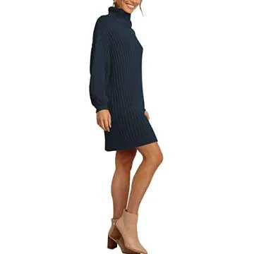 LOGENE Women's Turtleneck Rib Knit Mini Dress