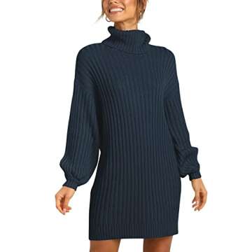 LOGENE Women's Fall Winter Sweater Dress Turtleneck Long Sleeve Loose Ribbed Knit Mini Dress 240-zanglan-S