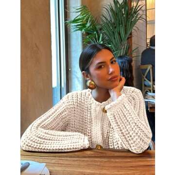 Arssm Womens Cropped Cardigan Sweaters Chunky Open Front Button Down Knit Sweater Long Sleeve Loose Cardigan Outerwear(Beige-S)