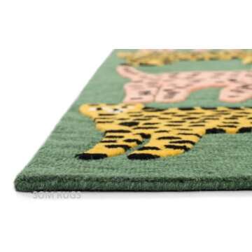 SOM RUGS Woolen Tufted Green Catwalk Rug Tufted Wool Hand Tufted Animal Print Large Area Rug Pink Colored Rug Golod Colored Rug