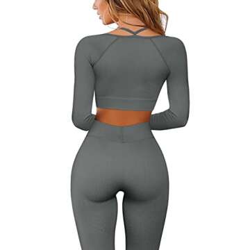 QINSEN Long Sleeve Workout Tops for Women Fitness Winter Exercise Running Shirts Yoga 2 Piece Outfits Grey L