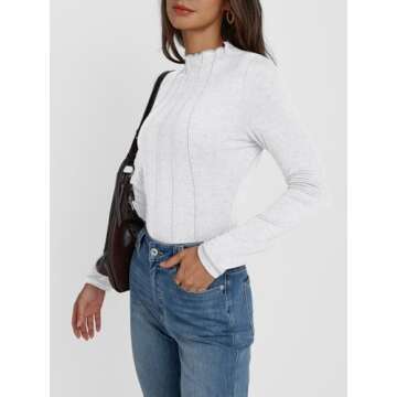 AUTOMET Long Sleeve Shirts Tops Womens Business Casual Work Blouses 2024 Fall Dressy Tunic Mock Neck Turtleneck Trendy Ladies Tee Tshirts Fashion Outfits Cute Clothes Fitted Clothing White S