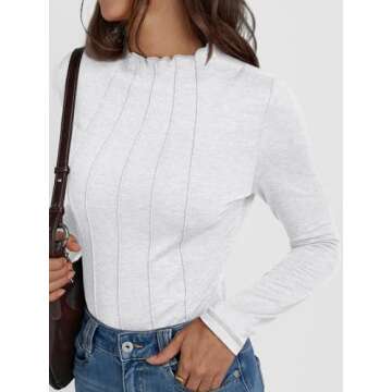 AUTOMET Long Sleeve Shirts Tops Womens Business Casual Work Blouses 2024 Fall Dressy Tunic Mock Neck Turtleneck Trendy Ladies Tee Tshirts Fashion Outfits Cute Clothes Fitted Clothing White S