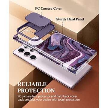 GVIEWIN for Samsung Galaxy S23 Ultra Case with Slide Camera Cover, [Military Grade Drop Protection] Slim Marble Design Best Shockproof Protective Phone Case Fit S23 Ultra 5G 6.8" (Quicksand/Purple)