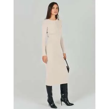 ANRABESS Women Long Sleeve Crewneck Sweater Dress Ribbed Knit Stretch Slim Fit Bodycon Midi Dresses Fall Fashion Outfits Beige X-Large
