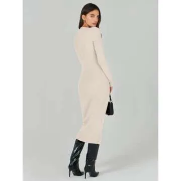 ANRABESS Women Long Sleeve Crewneck Sweater Dress Ribbed Knit Stretch Slim Fit Bodycon Midi Dresses Fall Fashion Outfits Beige X-Large