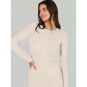 ANRABESS Women Long Sleeve Crewneck Sweater Dress Ribbed Knit Stretch Slim Fit Bodycon Midi Dresses Fall Fashion Outfits Beige X-Large