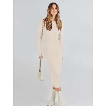 ANRABESS Women Long Sleeve Crewneck Sweater Dress Ribbed Knit Stretch Slim Fit Bodycon Midi Dresses Fall Fashion Outfits Beige X-Large