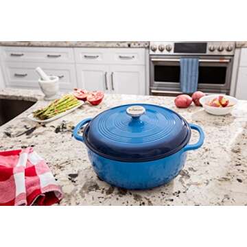 Lodge 7.5 Quart Enameled Cast Iron Dutch Oven with Lid – Dual Handles – Oven Safe up to 500° F or on Stovetop - Use to Marinate, Cook, Bake, Refrigerate and Serve – Caribbean Blue