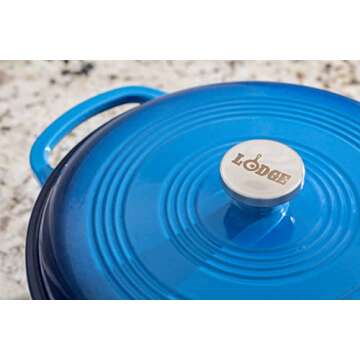 Lodge 7.5 Quart Enameled Cast Iron Dutch Oven with Lid – Dual Handles – Oven Safe up to 500° F or on Stovetop - Use to Marinate, Cook, Bake, Refrigerate and Serve – Caribbean Blue