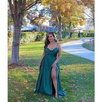 POMUYOO Women's Spaghetti Strap Rust Bridesmaid Dresses Long Slit Formal Dress Prom Gown with Pockets Sienna Size 8