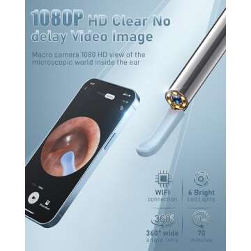 Loyker Ear Wax Removal Tool Camera, Ear Cleaner with 1080P Camera, Earwax Removal Cleaning Kit with 6 Ear Pick, Otoscope for iPhone, iPad, Android Phones, Gray