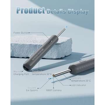 Loyker Ear Wax Removal Tool Camera, Ear Cleaner with 1080P Camera, Earwax Removal Cleaning Kit with 6 Ear Pick, Otoscope for iPhone, iPad, Android Phones, Gray