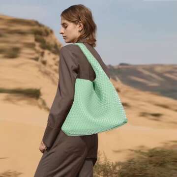 Women Vegan Leather Hand-Woven Tote Handbag Fashion Shoulder Top-handle Bag All-Match Underarm Bag w...