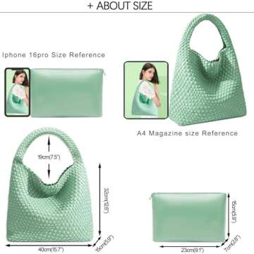 Women Vegan Leather Hand-Woven Tote Handbag Fashion Shoulder Top-handle Bag All-Match Underarm Bag with Purse (Spring green)