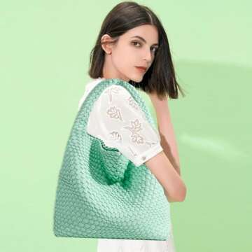 Women Vegan Leather Hand-Woven Tote Handbag Fashion Shoulder Top-handle Bag All-Match Underarm Bag with Purse (Spring green)