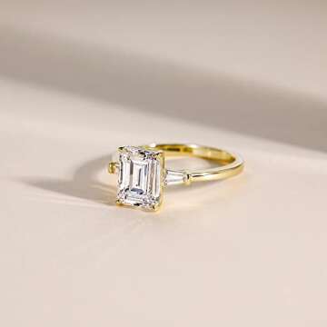EAMTI 3CT 925 Sterling Silver Gold Engagement Rings 3-Stone Emerald Cut Cubic Zirconia CZ Wedding Pr...
