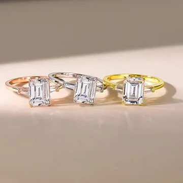 EAMTI 3CT 925 Sterling Silver Gold Engagement Rings 3-Stone Emerald Cut Cubic Zirconia CZ Wedding Promise Rings for Her Wedding Bands for Women Size 6