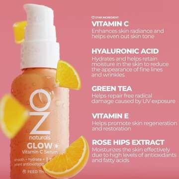 OZNATURALS GLOW SERUM: Vitamin C Serum/Anti Aging Serum With Hyaluronic Acid, Pure Vitamin E Oil and Rosehip Oil - All Natural Antioxidant Facial Serum For A Brighter, More Even Skin Tone | 1oz