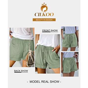 CILKOO Women's Cute Drawstring Elastic Waist Casual Solid Comfy Cotton Linen Beach Shorts Light Green US8-10 Medium
