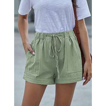 CILKOO Women's Cute Drawstring Elastic Waist Casual Solid Comfy Cotton Linen Beach Shorts Light Green US8-10 Medium